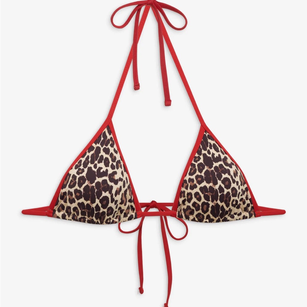 Frankie's Bikinis Leopard Print Triangle Bikini Top with Red Trim